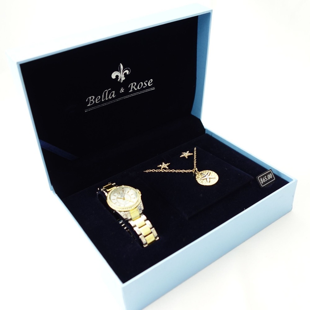 Bella & Rose Gold-Tone Watch & Starfish Necklace & Earrings Jewelry Set NIB